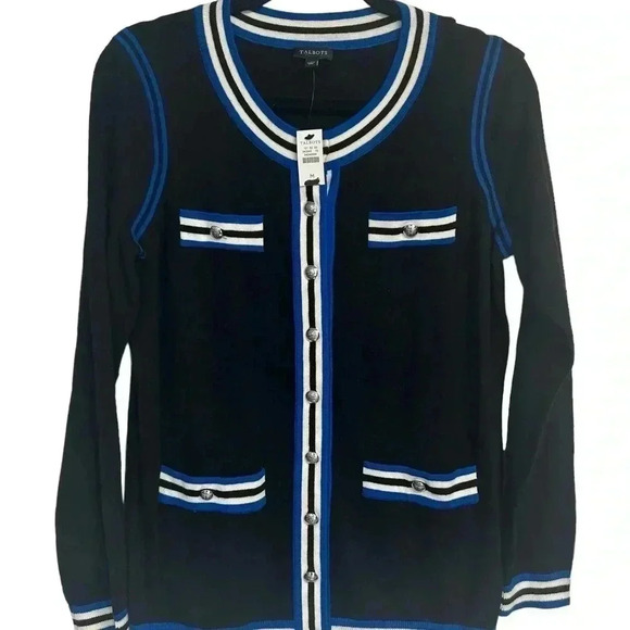 Talbots Super Soft Tipped Cardigan Cashmere Blend Preppy Black Blue Size M NWT - Picture 2 of 6